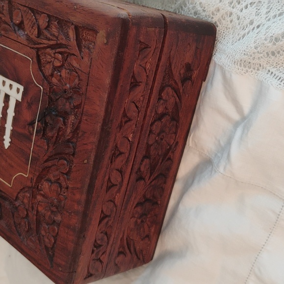 Vintage Archana Wood Jewelry Trinket Box Carved Designs Inlay Taj Mahal on Lid - Picture 5 of 11